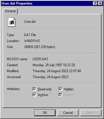Screenshot showing the created date of one of the registry files as the 28th of July, 1997