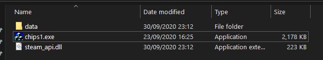 The root directory structure, showing the .exe, a DATA folder and a Steam specific .dll