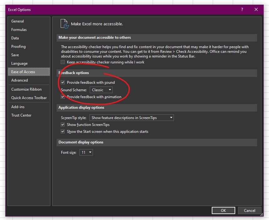 The Accessibility settings for Microsoft Excel in the latest release